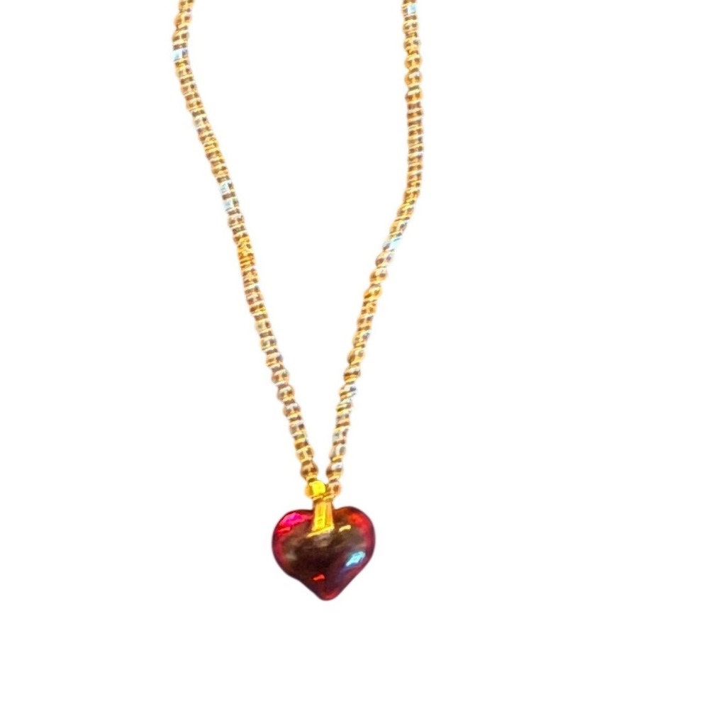 Vintage Germany Glass Heart Pendant Necklace Gold Tone Ruby Red 24 Inch Chain